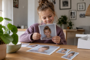 Meisje bekijkt haar schoolfoto, afgedrukt in verschillende formaten en beeldverhoudingen